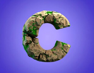 Capital letter C, cracked rock, mossy