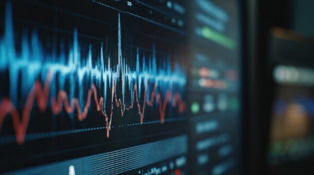 Medium shot focused on a digital audio interface screen inside a sound booth showing detailed waveform corrections as artificial intelligence instantly removes wind interference