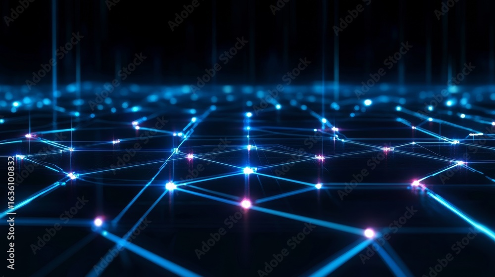 Poster futuristic network visualization with blue lines and digital grid, abstract technology design