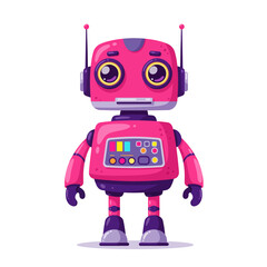 Cartoon illustration of a pink and purple robot standing upright with a friendly expression and antennae.