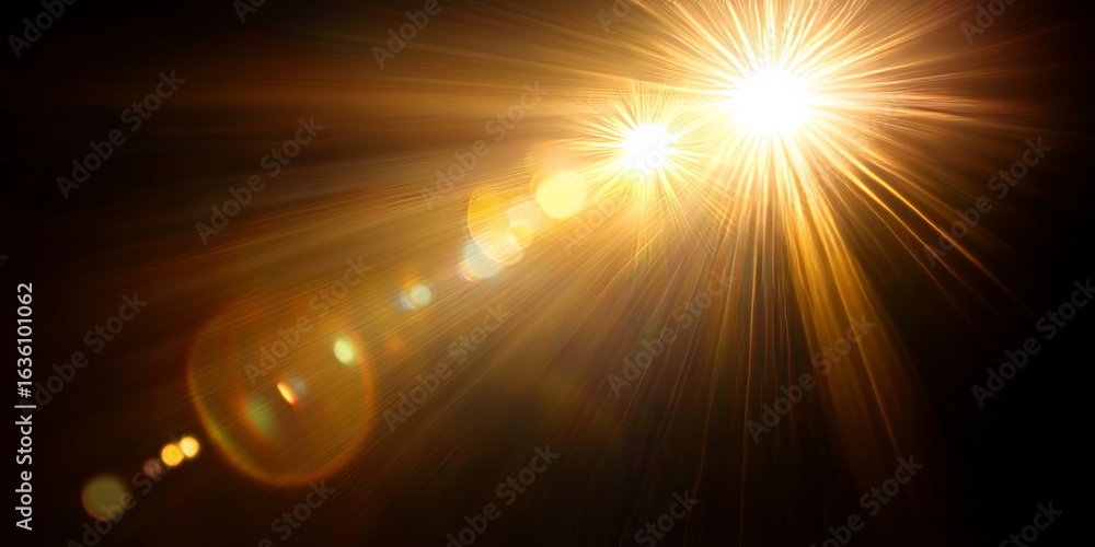 Poster radiant rays emanating from a fiery source, ethereal orbs casting dancing spectral light