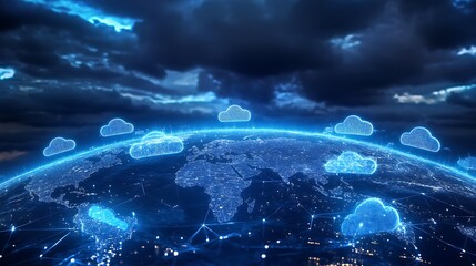 A conceptual art of cloud storage nodes forming a global map, illuminated in blue 