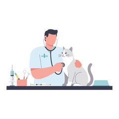 Fototapeta premium A veterinarian examines a gray and white cat with a stethoscope on a table with medical tools.