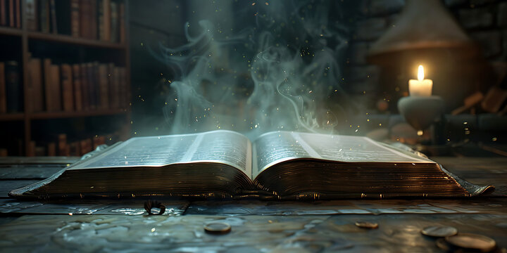 "Ancient Book with Smoke Rising from Pages in Candlelit Mystical Atmosphere"

