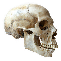 Anatomical human skull with detailed bone structure providing a skeletal profile view on a transparent background