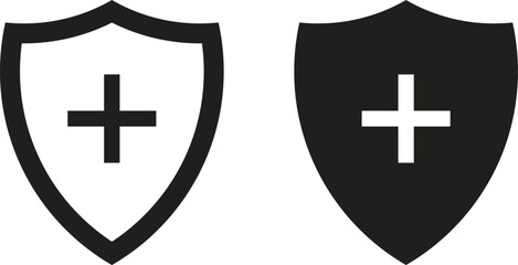 Fototapeta premium Set of four black security shield icons with red symbols including plus, exclamation, checkmark, and cross. Simple safety badge design for UI, alert graphics, and web protection signs.