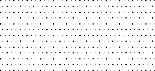Minimal black dotted pattern on white background in seamless horizontal rows. Simple polka dot design perfect for wallpapers, packaging, textiles, and modern branding backgrounds.