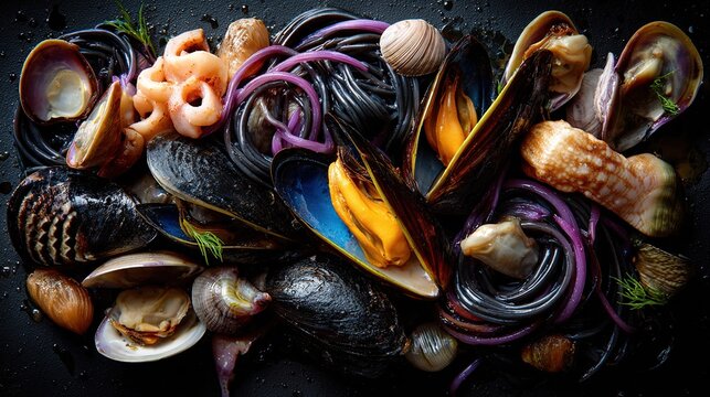 Overhead shot of a seafood pasta dish with mussels, clams, and squid ink noodles against a dark backdrop