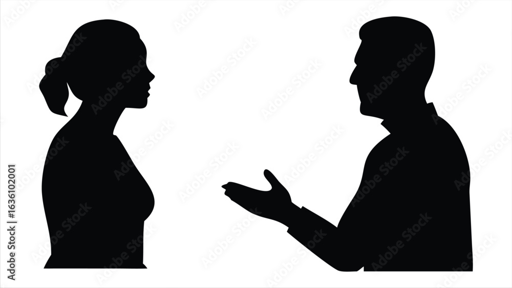 Poster silhouette of a man and woman in conversation facing each other with the man gesturing to emphasize 