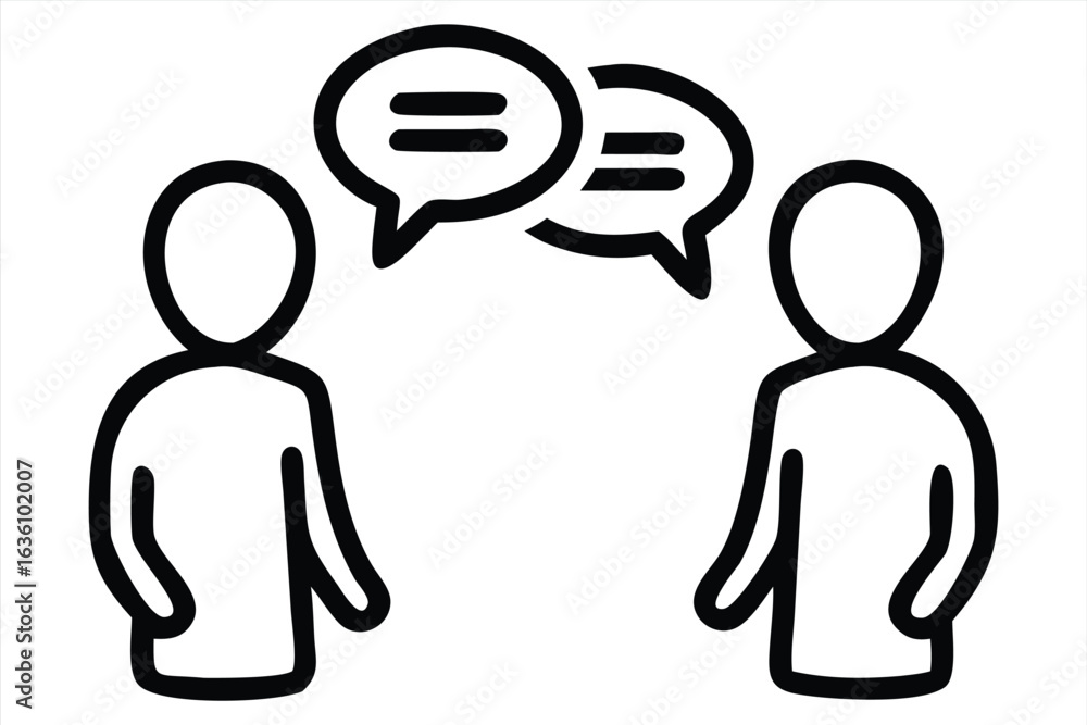 Poster two simple line art figures facing each other with speech bubbles above their heads symbolizing comm