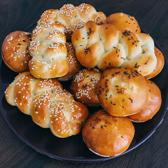 Fresh homemade bread rolls and braided buns with sesame and caraway seeds on a plate