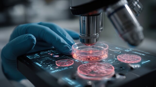 A closeup view of a scientists hands using a microscope to examine cell cultures with a digital overlay of AIgenerated predictions about the expected growth rates based on live data