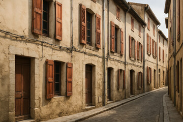 A charming, narrow cobblestone street lined with old stone buildings featuring weathered wooden shutters and doors, creating a nostalgic Mediterranean village atmosphere