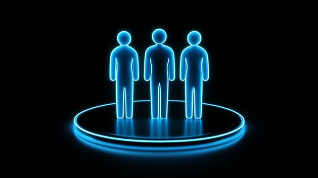 A group of people or users illuminated in neon, represented by a trendy flat style people icon set and group icon, holding a family interface in hand, generated using 3D rendering techniques