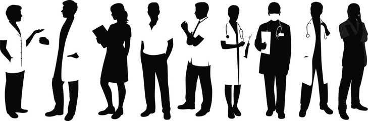 Doctor, nurse, medical, silhouette, healthcare, stethoscope, hospital, staff, vector, black, uniform, pose