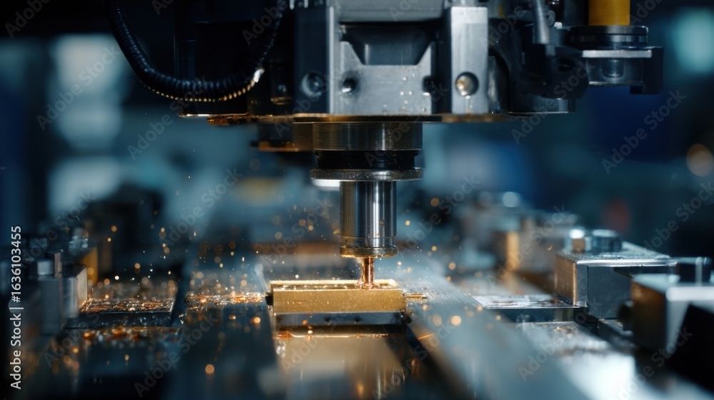 Poster a section of the assembly line where a robotic soldering tool is firmly attaching protective casings