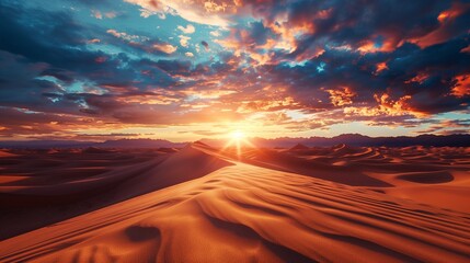vast desert dunes under dramatic sunset sky
