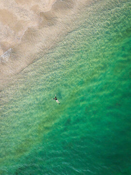 Aerial view of a lone surfer riding the turquoise waves along the sandy beach, where the water's vibrant hues meet the shore's pale embrace, Fowey, Cornwall, United Kingdom.