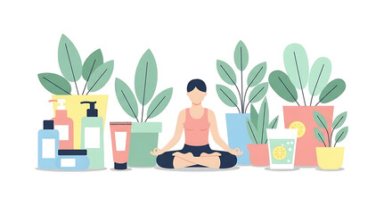 Fototapeta premium A woman meditates in the lotus position surrounded by potted plants and beauty products, with a refreshing drink nearby.