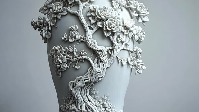 Ornate, light gray vase with sculpted floral tree design