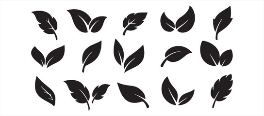 Green leaf icons set on white background. Vector vegetarian, vegan, eco and organic herbal logo labels
