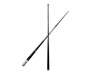 Two pool cues crossed, black shafts, metallic tip