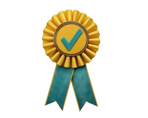 Yellow ribbon badge with blue check mark gold trim and teal tails symbolizing best seller achievement or approval isolated on transparent background conveying success and trust
