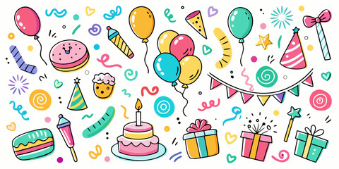 Celebrate joyfully with vibrant birthday party elements including festive cakes, balloons, gifts, cupcakes, and cheerful decorations creating a delightful atmosphere for any special occasion.