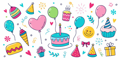 Vibrant festive collection featuring birthday cakes balloons party hats ice cream cheerful smiley face and gifts perfect for celebrations and joyful occasions