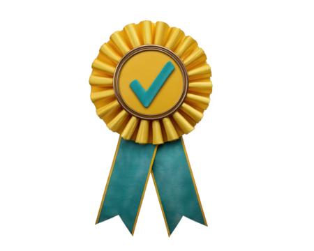 Yellow ribbon badge with blue check mark gold trim and teal tails symbolizing best seller achievement or approval isolated on transparent background conveying success and trust