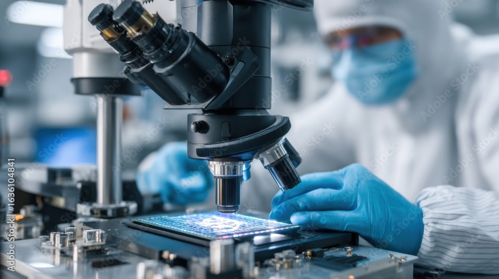 Poster a detailed view of a cleanroom environment where a technician uses a microscope to inspect microled 