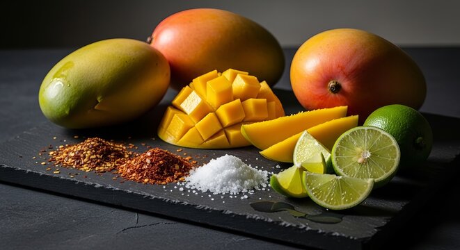 Fresh mango lime chili salt on slate board still life photography for food blog and recipe ideas