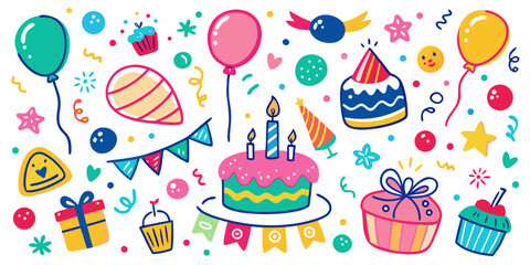 Celebrate joyfully with vibrant birthday party elements including festive cakes, balloons, gifts, cupcakes, and cheerful decorations creating a delightful atmosphere for any special occasion.