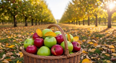 Apple harvest in autumn orchard with basket of fresh apples red and green apples fall season trees