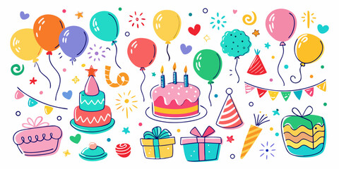 Vibrant birthday celebration collection featuring colorful balloons, festive cakes, gift boxes, party hats, and confetti creating a joyous atmosphere for any special event.