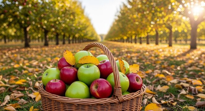 Apple harvest in autumn orchard with basket of fresh apples red and green apples fall season trees - Powered by Adobe