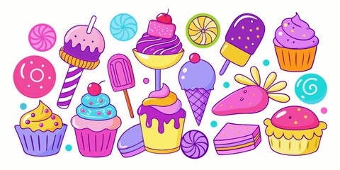 Vibrant collection of colorful cupcakes, ice cream cones, lollipops, and candies, creating a joyful and celebratory sweet treat assortment perfect for party designs
