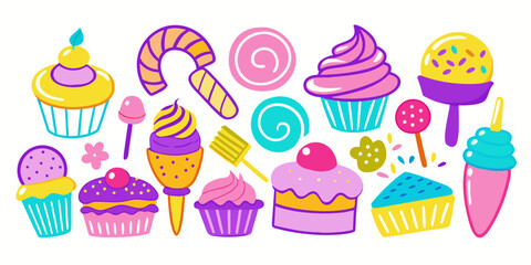 Vibrant collection of playful, colorful sweets and treats including cupcakes, ice cream cones, lollipops, and candy perfect for joyful celebrations and whimsical designs