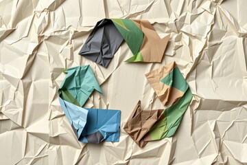 Crumpled Paper Background with Colorful Origami Recycling Symbol in Circular Arrangement