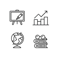 Line art icons depicting whiteboard with marker, graph, globe, and books with glasses displayed