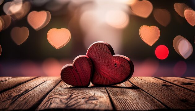 two red wooden hearts on a weathered wood surface against a blurred bokeh background