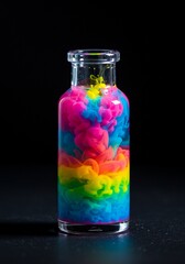 Colored inks swirling in water inside a glass bottle.