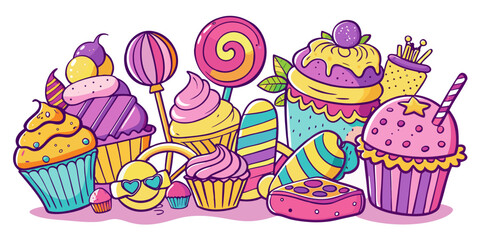 Vibrant and playful collection of delicious cupcakes, colorful lollipops, and sweet treats bursting with joyful energy for party and celebration themes
