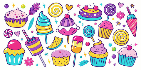 Vibrant collection of colorful cartoon sweets including cupcakes, ice cream cones, and lollipops, perfect for playful designs and celebrations