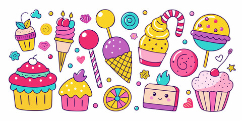 Adorable collection of vibrant kawaii-style desserts, cupcakes, ice cream cones, and colorful lollipops creating a joyful and sweet celebration.