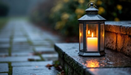 A lantern with a glowing candle sits on a stone step beside a wet pathway. The scene is serene and evokes a sense of remembrance for All Saints Day.