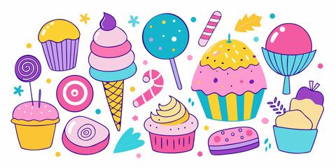 Delightful collection of vibrant, colorful cupcakes, ice cream cones, lollipops, and candies creating a cheerful, festive sweet treat assortment for joyful celebrations and whimsical designs
