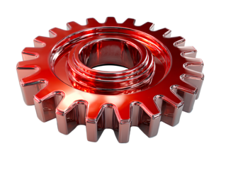 Angled 3D Red Gear with Chrome Accents and Depth Shadow, Floating Perspective, Isolated on Transparent Background