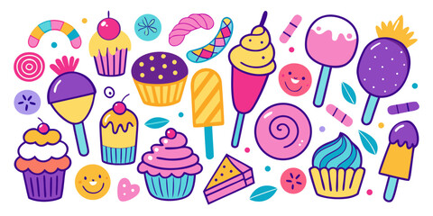 Delightful collection of vibrant, whimsical sweets and desserts featuring cupcakes, ice pops, and lollipops in a playful, colorful pattern perfect for celebrations and fun.