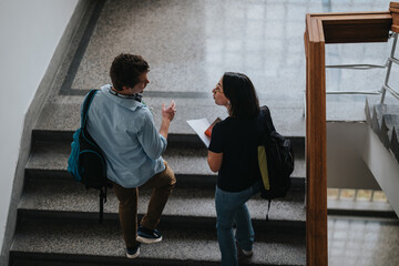 Two university students engage in a lively conversation while standing on a staircase. Both carry...